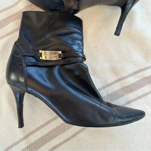LK BENNETT BLACK LEATHER WITH GOLD TRIM & STRAPS HEELED ANKLE BOOTS SIZE 9 - Picture 2 of 11